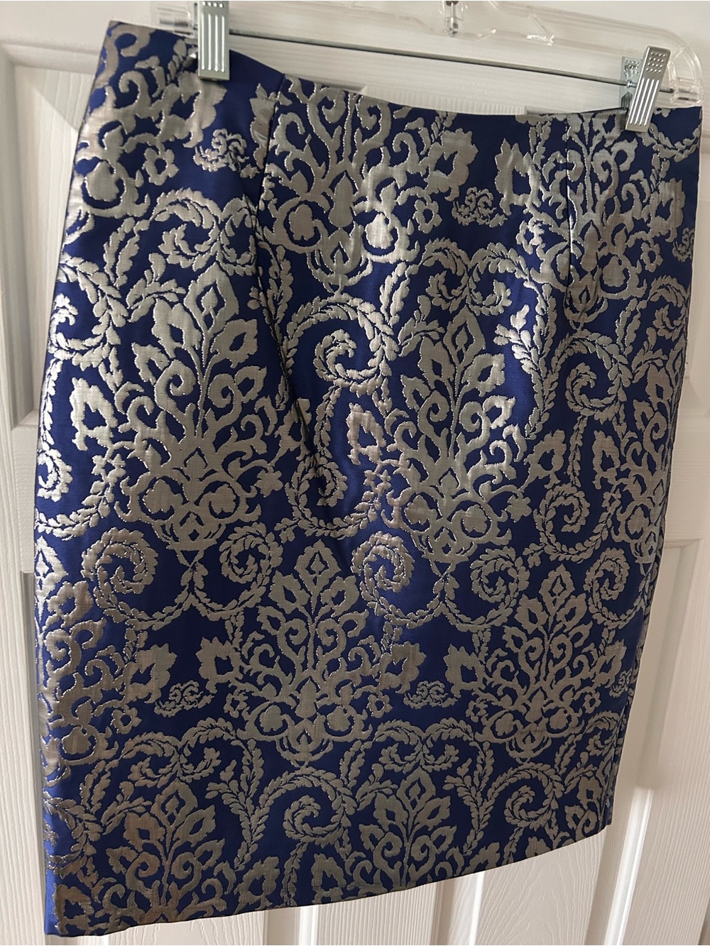 Sunny Leigh Navy and Silver Damask Pencil Skirt